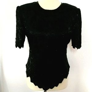 LAURENCE KAZAR. Beaded Silk Blouse. Black. Medium.